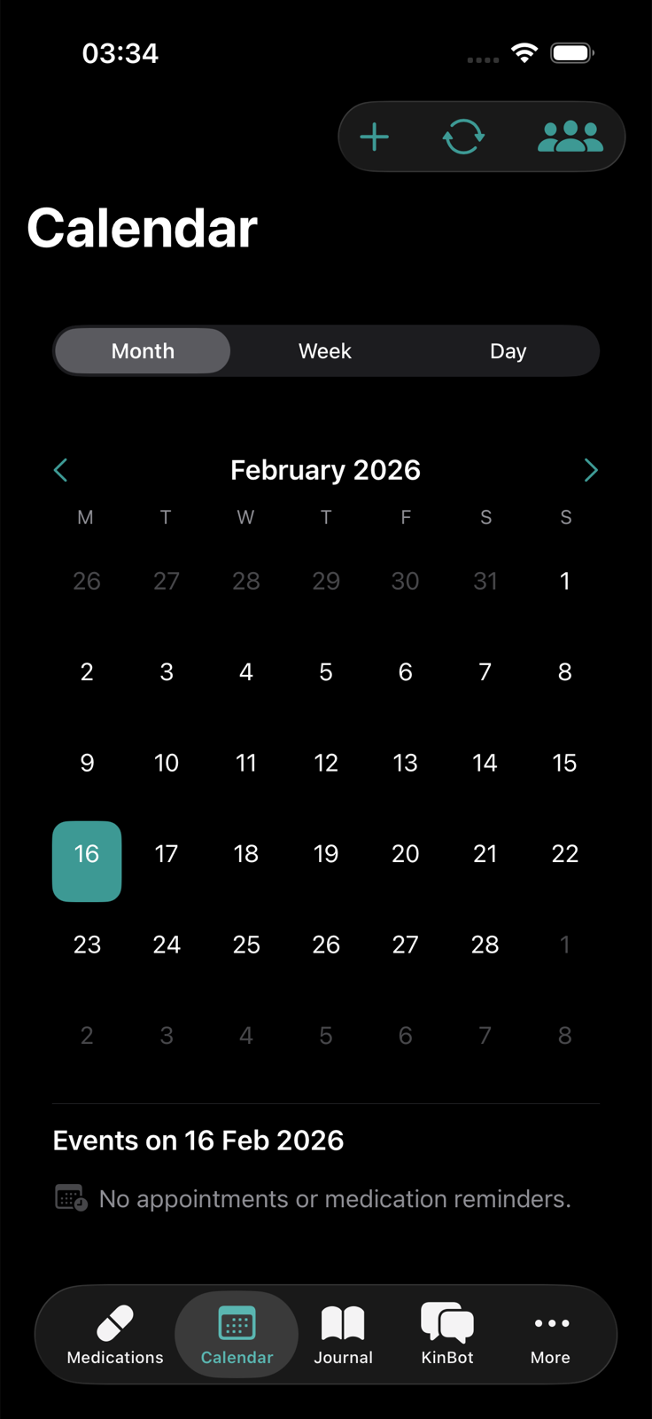 KinBridge shared care calendar mock screen