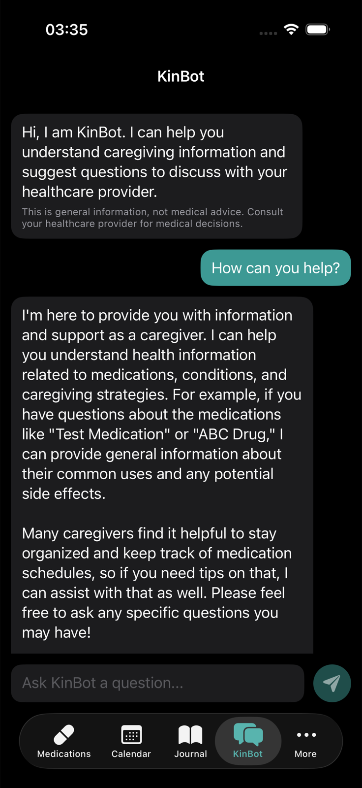 KinBridge KinBot chat mock screen